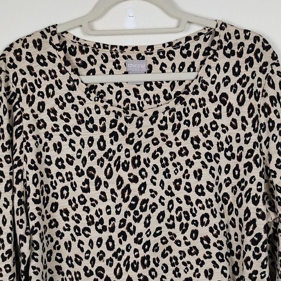Chico's Leopard Print Bracelet Sleeve Tab Top Blouse Cotton Modal Blend Size L - Picture 5 of 10